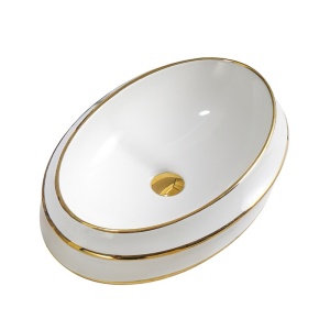 Lavoar oval cu montaj pe blat Yoko, alb cu rame aurii lucioase 60 x 40 cm