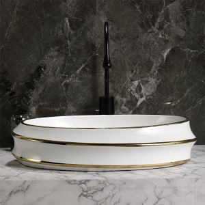 Lavoar oval cu montaj pe blat Yoko, alb cu rame aurii lucioase 60 x 40 cm - Img 11
