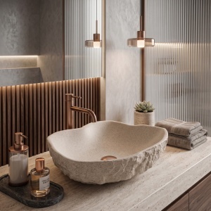 Lavoar pe blat Rea Isla Warm Beige cu textura de piatra naturala - Img 3