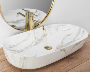 Lavoar REA CLEO 81 SHINNY AIAX, Dimensiuni 81 X 41 X 13.5 Cm, Montaj Pe Blat, Design Deosebit, Ceramica Sanitara, Maro/Alb - Img 5