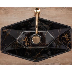 Lavoar REA VEGAS Black Shiny, 57x37x12cm, montaj pe blat, design deosebit, ceramica sanitara, Negru Lucios - Img 2