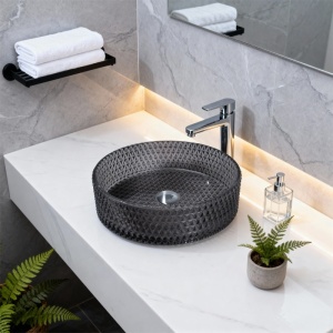 Lavoar rotund din sticla frezata cu montaj pe blat Brillant Black Gloss 36 x 12 cm - Img 4