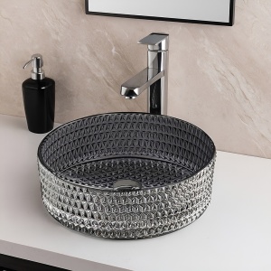 Lavoar rotund din sticla frezata cu montaj pe blat Brillant Black Platinium Gloss 40 x 12 cm - Img 4