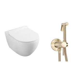Pachet vas wc suspendat Fluminia, capac softclose si set dus igiena intima auriu cu baterie incastrata Rea Loop - Img 1