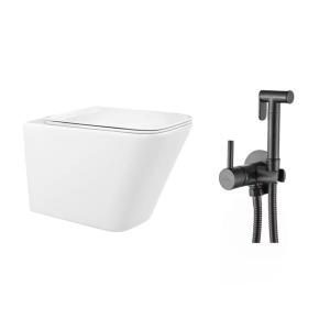 Pachet vas wc suspendat Rea, capac softclose si set dus igiena intima negru cu baterie incastrata Invena Bidetta - Img 1