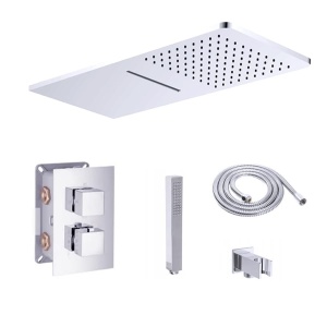Set Baterie Dus 2 Functii PRO Crom, Montaj In Perete, Para Dreptunghiulara Tip Cascada / Ploaie 50x22 Cm, Finisaj Crom - Img 1