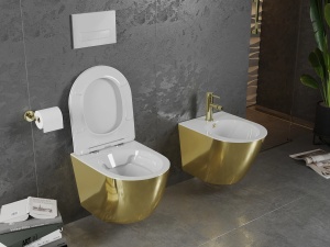 Set Bideu Mex Lenacarlo MINI si Vas Wc Lenacarlo MINI, Montaj Suspendat, Ceramica Sanitara, Capac Slim cu inchidere lenta, Culoare Alb/Auriu - Img 2