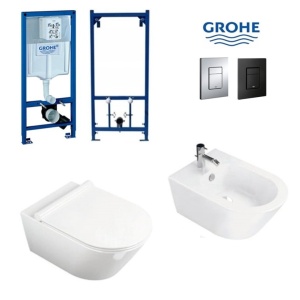 Set Bideu si Vas WC GROHE, montaj suspendat, ceramica sanitara, WC SONET RIMLESS + Bideu + Capac Soft-Close SLIM PREMIUM + Cadru+Clapeta - Img 1