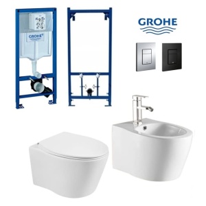 Set Bideu si Vas WC PRO GROHE, montaj suspendat, ceramica sanitara clementina, Vas WC ALBA RIMLESS + Bideu + Capac Soft-Close SLIM PREMIUM + Cadru + Clapeta