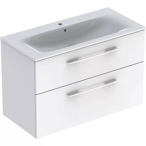 Set mobilier baie suspendat Geberit Selnova Square 100 x 48 cm cu lavoar si 2 sertare alb lucios