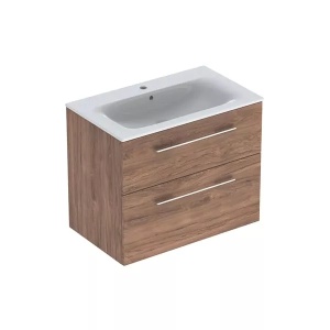 Set mobilier baie suspendat Geberit Selnova Square 80 x 48 cm cu lavoar si 2 sertare nuc american