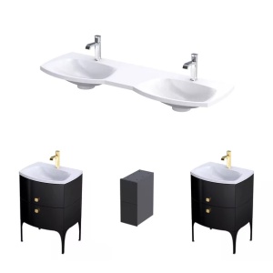 Set mobilier baie suspendat Oristo Louis negru 4 sertare cu lavoar dublu alb mat 144 cm
