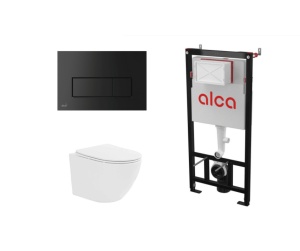 Set ramă de montaj cu rezervor și clapetă de acționare negru mat, Alcadrain și vas WC suspendat Fluminia Ricci Tornado