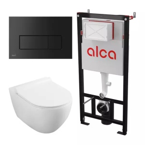 Set rezervor WC cu cadru incastrat Alcadrain AM101/1120 si clapeta M578 negru mat plus vas WC Fluminia Minerva cu capac softclose alb - Img 1