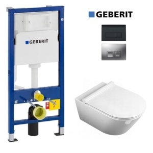 Set Vas WC PRO GEBERIT, Montaj Suspendat, Ceramica Sanitara, Vas WC SONET RIMLESS + Capac Soft-Close SLIM Inclus + Cadru + Clapeta - Img 1