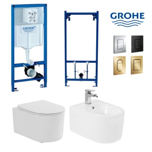 Set vas WC PRO Grohe, montaj suspendat, vas WC Fluminia Roco + Bideu , rimless, capac soft-close + Cadru + Clapeta