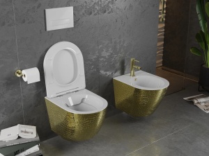 Set Vas Wc PRO Lenacarlo Auriu/Alb, model tip solzi , Tehnologie Rimless, Capac slim cu inchidere lenta - Img 4