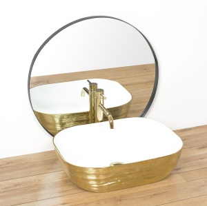 Set Vas WC REA CARLO BRUSH GOLD Si Lavoar REA FLORIA GOLD,Lavoar 465 X 330 X 135 mm,WC Suspendat 490 X 370 X 330 mm,Capac Soft-Close Inclus,Auriu/Alb - Img 3
