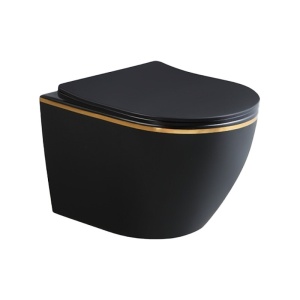 Vas de toaleta suspendat Mizu Black Matt&Gold, rimless, cu capac din duroplast cu softclose