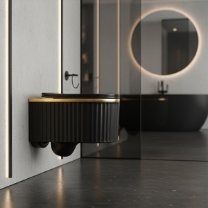 Vas de WC suspendat Luma Black Matt - Gold Brush cu caneluri – rimless, capac soft close - Img 6