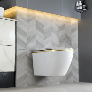 Vas WC suspendat Mizu Tornado White&Gold, rimless cu capac softclose din duroplast - Img 6