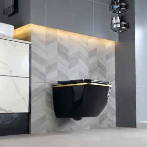 Vas WC suspendat Yuzu Tornado Black Glossy & Gold, rimless cu capac softclose - Img 5