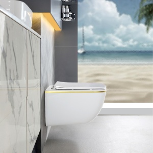 Vas WC suspendat Yuzu Tornado White & Gold, rimless cu capac softclose - Img 4
