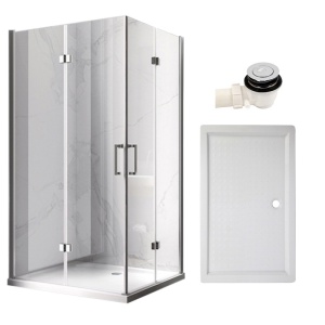Cabina de dus dreptunghiulara din sticla securizata cu 2 usi batante si cadita de dus alba slim KZ12B-SXL03C 100 x 80 cm