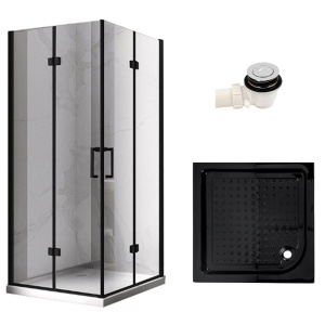 Cabina de dus patrata cu rame negre si cadita neagra antialunecare KZ08B-SXL02A 80 x 80 cm