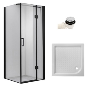 Cabina de dus patrata din sticla securizata cu rame negre si cadita alba antialunecare KZ1390A/SXL02A 80 x 80 cm