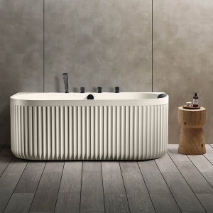 Cada freestanding ovala asimetrica cu baterie neagra MUE-A005-2C Exclusiv, 170 x 80 cm, crem mat cu textura de piatra - Img 2