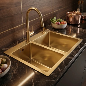 Chiuveta bucatarie cu doua cuve inox Toby Brush Gold - Img 6