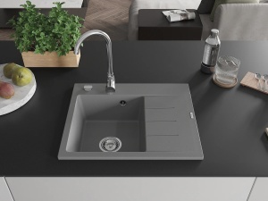 Chiuveta bucatarie din granit cu o cuvă ,montaj stânga 600 x 500 mm, gri, sifon crom, Ben - Img 3