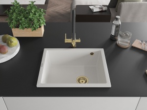 Chiuveta bucatarie Pedro, granit, alb, sifon auriu, dimensiune 56x46cm - Img 3