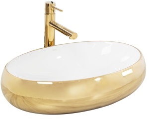 Chiuveta De Blat REA MELANIA WHITE / GOLD, Dimensiuni 60 X 40.5 X 14.5 Cm, Design Deosebit, Forma Ovala, Ceramica Sanitara, Alb/Auriu - Img 1
