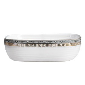 Lavoar ceramic dreptunghiular alb cu decoratiuni gri-aurii si montaj pe blat Milo White Gloss 45 x 32 cm - Img 7