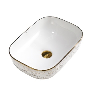 Lavoar ceramic dreptunghiular alb cu detalii florale aurii Milo White Gloss 45 x 32 cm