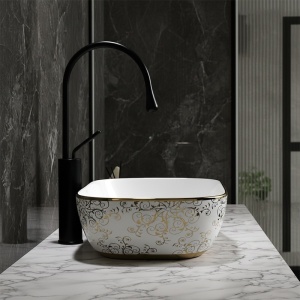 Lavoar ceramic dreptunghiular alb cu detalii florale aurii Milo White Gloss 45 x 32 cm - Img 11