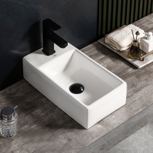 Lavoar ceramic dreptunghiular cu montaj pe blat Lucy White Gloss 46 x 25 cm - Img 17