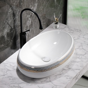 Lavoar ceramic oval alb cu decoratiune aurie Cari 60 x 40 cm - Img 2
