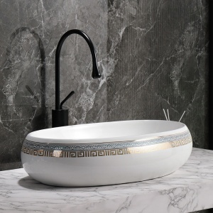 Lavoar ceramic oval alb cu decoratiune aurie Cari 60 x 40 cm - Img 12
