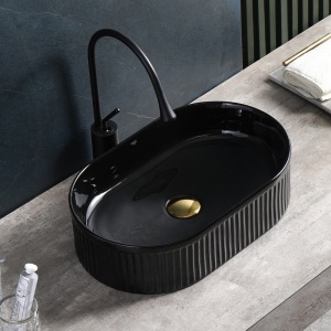 Lavoar ceramic oval cu caneluri cu montaj pe blat Elix Black Gloss 49 x 31 cm - Img 6
