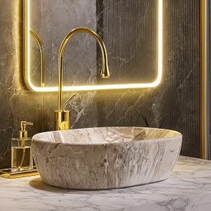 Lavoar ceramic oval cu fixare pe blat Neo Marble Grey Matt 48 x 34 cm - Img 6