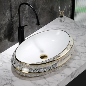 Lavoar ceramic oval cu interior alb si exterior cu decoratiuni aurii Yoko 60 x 40 cm - Img 10