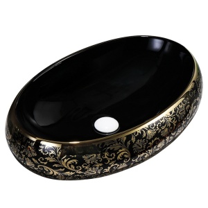 Lavoar ceramic oval negru cu decoratiuni aurii si montaj pe blat Cari 60 x 40 cm - Img 5
