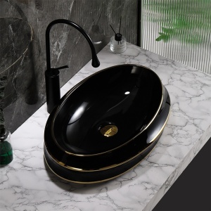 Lavoar ceramic oval negru cu linii aurii si montaj pe blat Yoko Black Gloss 60 x 40 cm - Img 10