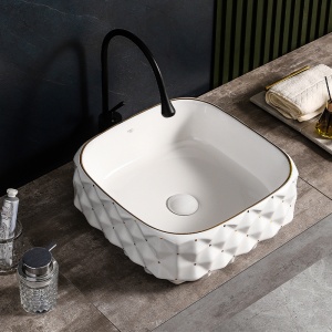 Lavoar ceramic patrat alb cu decoratii aurii si montaj pe blat Pearl White 40 x 40 cm - Img 2