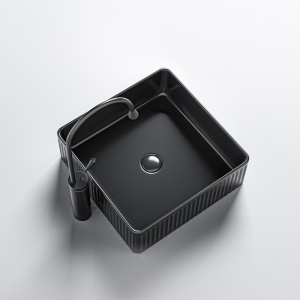 Lavoar ceramic patrat cu caneluri si montaj pe blat Aura Black Gloss 37 x 13 cm - Img 5