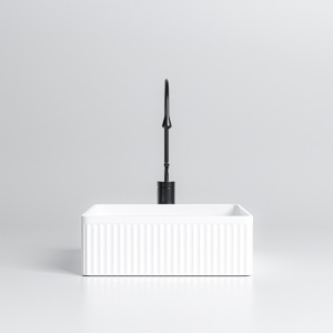 Lavoar ceramic patrat cu caneluri si montaj pe blat Aura White Gloss 37 x 37 cm - Img 4
