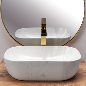 Lavoar De Blat REA BELINDA CALALA SHINY MARBLE, Dimensiuni 46 X 32 X 12.5 Cm, Montaj Pe Blat, Design Deosebit,Ceramica Sanitara, Alb - Img 6